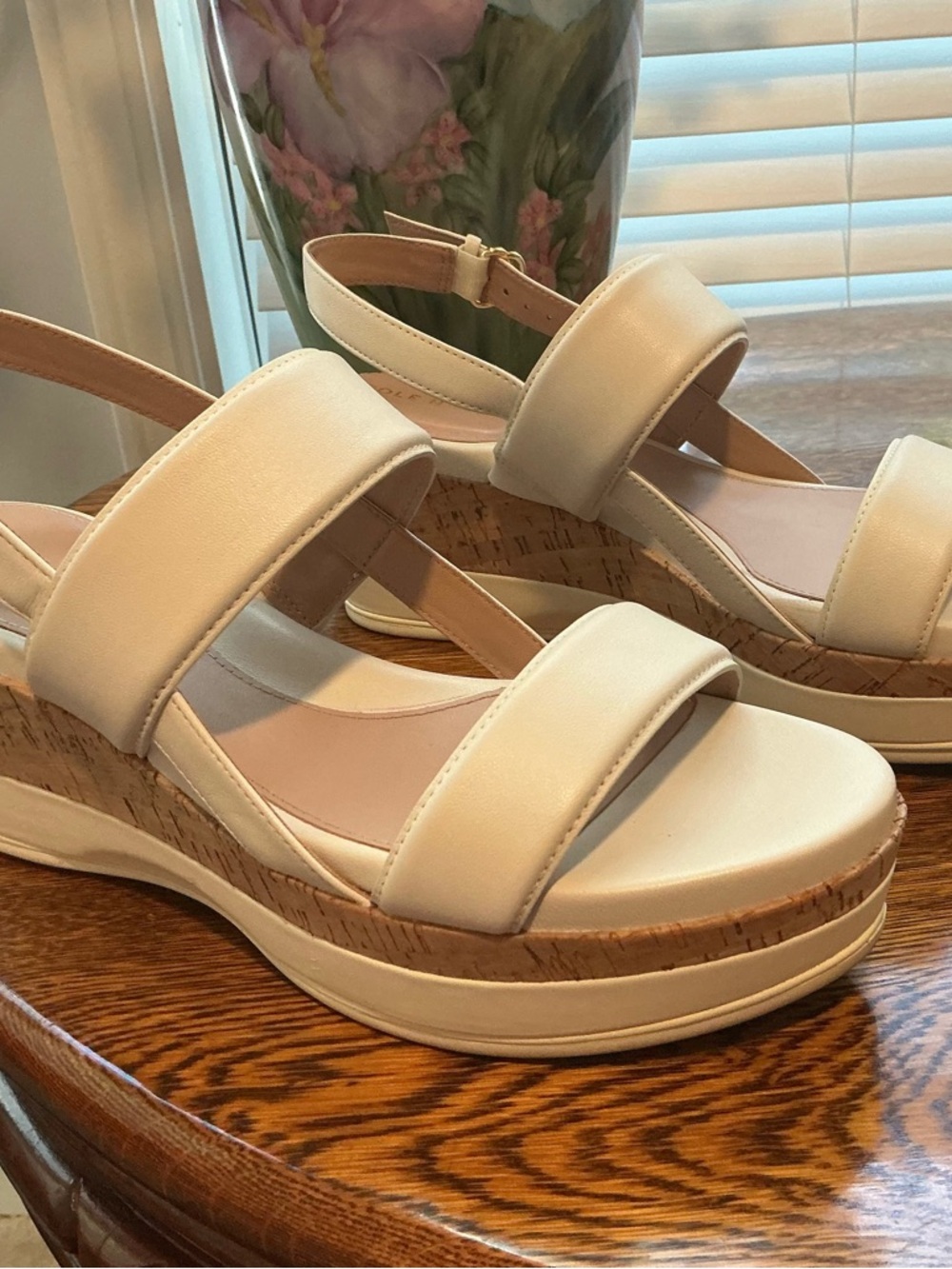 Cole Haan Cream Wedge Sandals with Cork-Look Platform